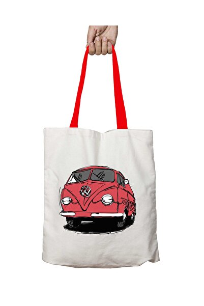 ART HEDİYE Volkswagen Minibus Washable Shoulder Bag with Red Handles