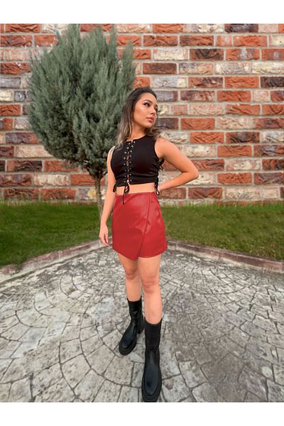 SUHIS Red Faux Leather Double Breasted Raised Mini Shorts Skirt