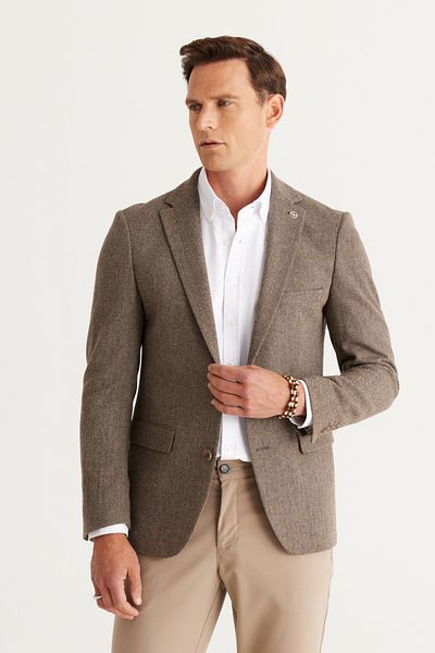 ALTINYILDIZ CLASSICS Men's Brown Slim Fit Slim Fit Mono Collar Patterned Woolen Jacket