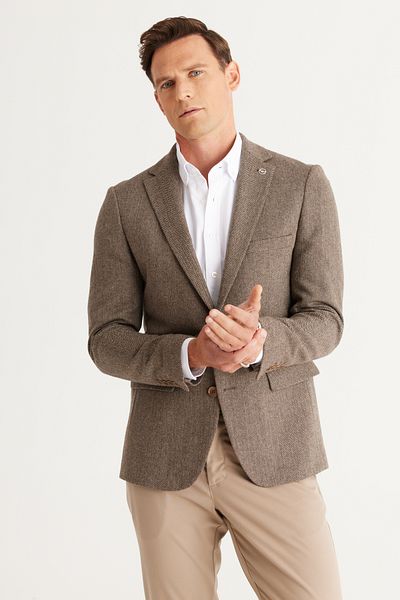 ALTINYILDIZ CLASSICS Men's Brown Slim Fit Slim Fit Mono Collar Patterned Woolen Jacket