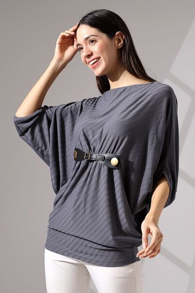 Şiir Touba Women's Bat Sleeve Belt Detailed Diagonal Jacquard Knitted Blouse & Combed Cotton Blouse