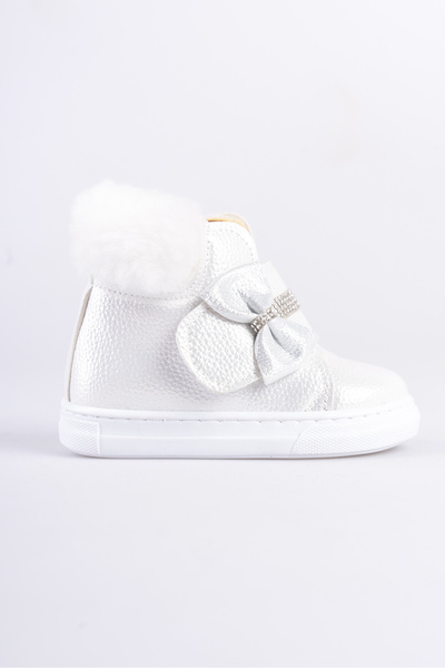 CAMOLLA Gümüş Cırtı Taşlı Fiyonklu Kürklü Kız Çocuk Bot