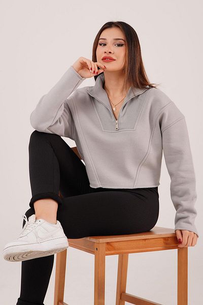 Hipo Trend Collar Zippered Fleece Gray Short Sweatshirt