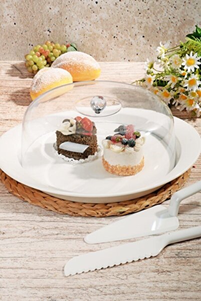 Kitchen World Büyük Taşlı Spatula ve Bıçaklı Kek Fanusu Beyaz 2467-BEYAZ