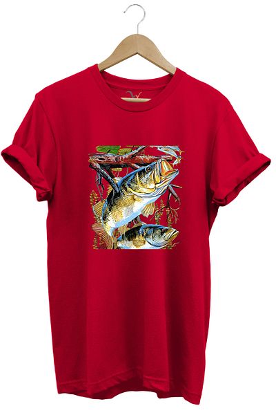 WİDİ Fishing Hunting Fishing with Rod Reeds Trout Bass Printed Cotton Regular Fit T-Shirt