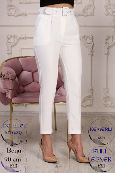 KaSheHa Beyaz Kemerli Double Atlas Kumaş Havuç Model Pantolon 90 Cm