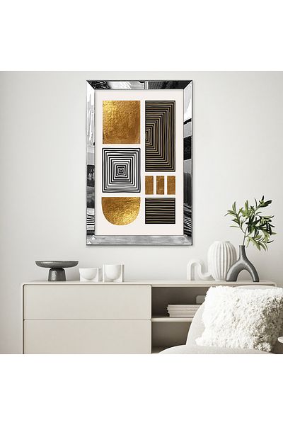Zevahir Mobilya Dekorasyon Masă unică din MDF cu design bloc geometric cu linii cu cadru din plexiglas cu oglindă argintie