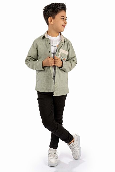 Mnk Baby&Kids Double Pocket Shirt, Trousers, T-Shirt 3 Pieces Cotton Boy Set MNK965 KHAKI