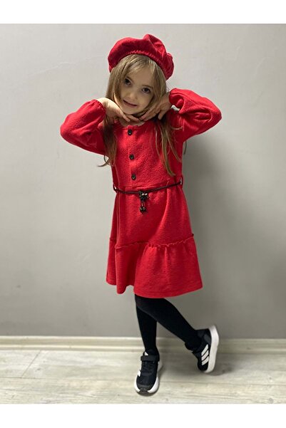 Mnk Baby&Kids Kaşe Kumaş Şapkalı Kız Çocuk Elbise MNK0559 KIRMIZI