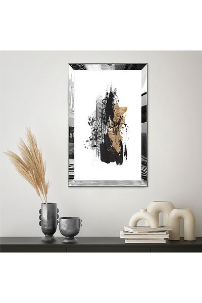 Zevahir Mobilya Dekorasyon Masa MDF simpla cu cadru din plexiglas cu oglinda argintie, stil minim, cu urme de pensula de culoare aurie si neagra