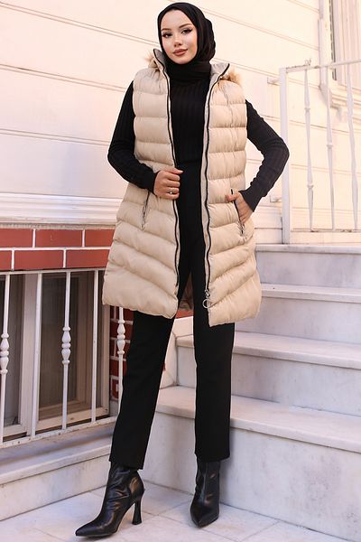 benguen Μοντέλο 7030 Μπεζ Puffer Γιλέκο - Γούνα με κουκούλα