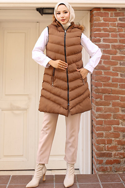 benguen Tan 7030 Hooded Puffer Vest with Fur