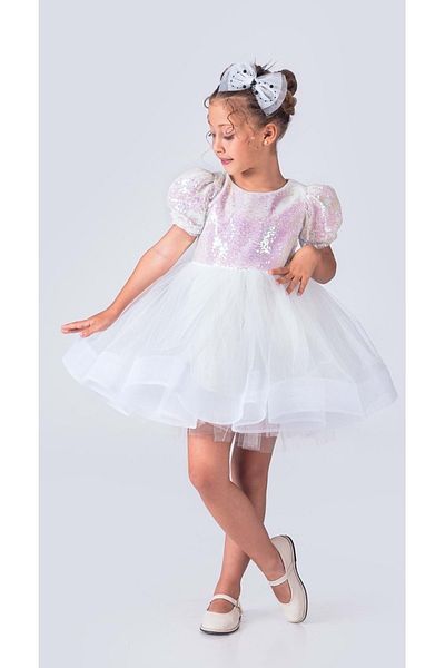 Mnk Baby&Kids Λευκό κοριτσίστικο φόρεμα με παγιέτες Tutu Gren Hem - MNK0601