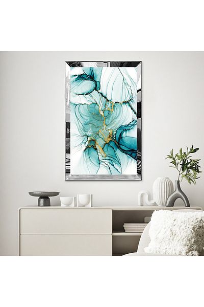 Zevahir Mobilya Dekorasyon Masa MDF cu un singur design abstract de culoare albastru si auriu cu cadru din plexiglas cu oglinda argintie si fundal alb