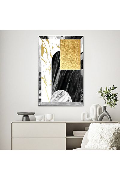 Zevahir Mobilya Dekorasyon Masa MDF simpla cu forme geometrice de culoare neagra si aurie cu rama din plexiglas cu oglinda argintie