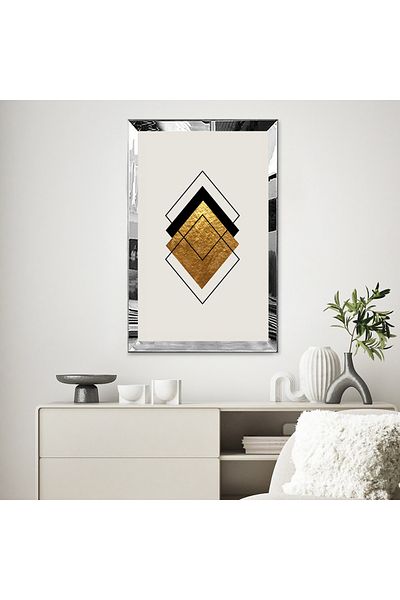 Zevahir Mobilya Dekorasyon Masa MDF simpla cu design geometric in culoare neagra si aurie cu rama din plexiglas cu oglinda argintie