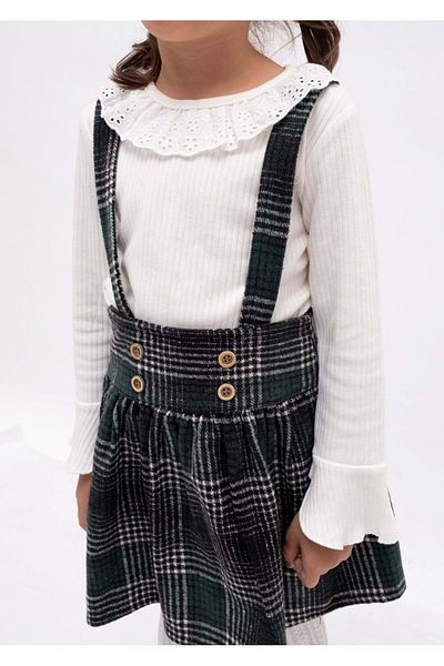 Mnk Baby&Kids Green Girl's Plaid Patterned Salopet and Skirt Set - MNK2148