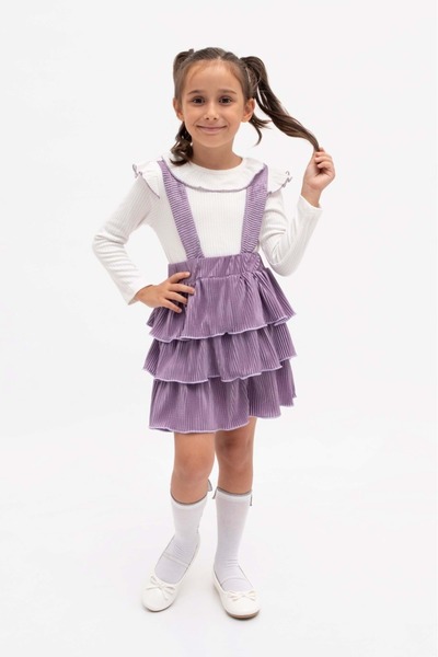 Mnk Baby&Kids Velvet Salopet with Straps and Skirt Set for Girls Mnk2147 Lila