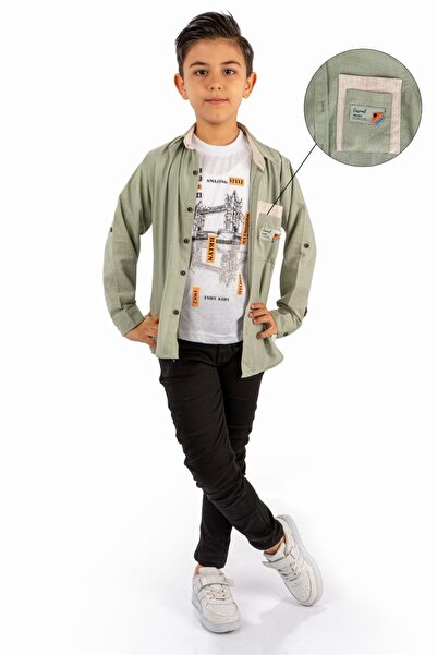 Mnk Baby&Kids Double Pocket Shirt, Trousers, T-Shirt 3 Pieces Cotton Boy Set MNK965 KHAKI