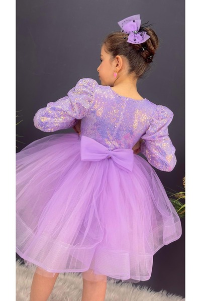 Mnk Baby&Kids Tütü Gren Etekli Kız Çocuk Pul Payetli Uzun Kol Kikidi Elbise MNK0583 LİLA