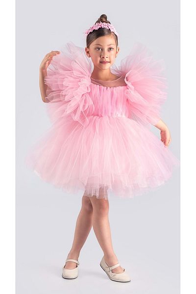 Mnk Baby&Kids Rochie de seară pentru fete ROZ cu fustă tutu, mâneci pufoase și comodă încoronată MNK0582