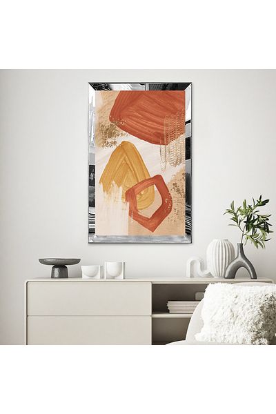 Zevahir Mobilya Dekorasyon Forme abstracte în tonuri calde cu cadru din plexiglas cu oglindă argintie, pictură unică MDF