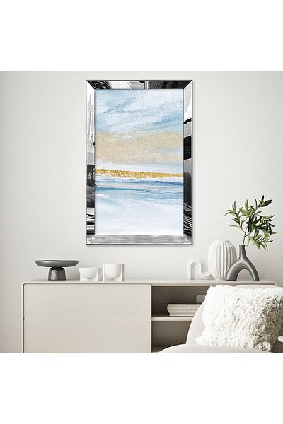 Zevahir Mobilya Dekorasyon Masa MDF simpla cu design abstract de culoare albastru, alb si auriu, cu rama din plexiglas cu oglinda argintie