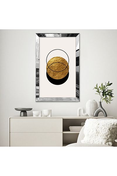 Zevahir Mobilya Dekorasyon Μαύρο και χρυσό χρώμα Minimal Style Circles Μονό Τραπέζι MDF με ασημί καθρέφτη πλαίσιο από πλεξιγκλάς