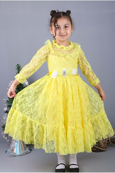 Mnk Baby&Kids Rochie Hijab Copii Din Dantela Motiv Floral MNK0580 GALBEN