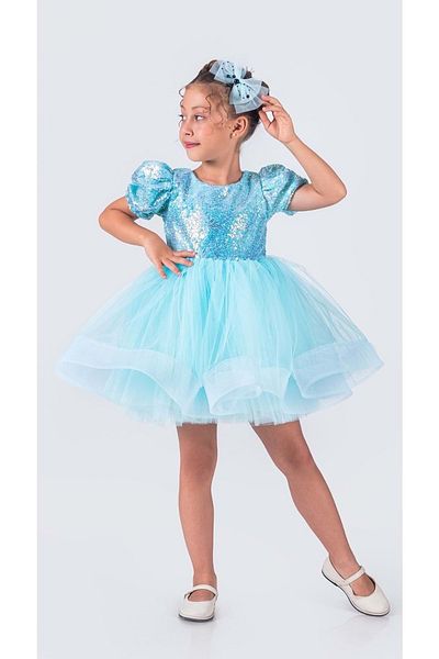 Mnk Baby&Kids Rochie cu mânecă scurtă pentru fetiță, fustă verde, cu paiete - MNK0601 TURCOISE