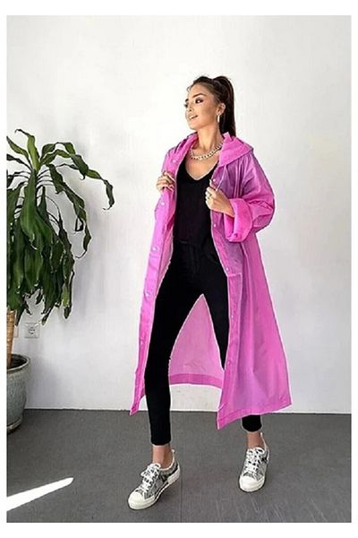 Meşem Ροζ Eva Raincoat - Μπουφάν με κουκούλα και κουμπώματα, διπλή στρώση, μπροστινό κουμπί