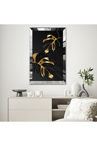 Zevahir Mobilya Dekorasyon Masa MDF cu frunze mari de culoare aurie cu cadru din plexiglas cu oglinda argintie si fundal negru