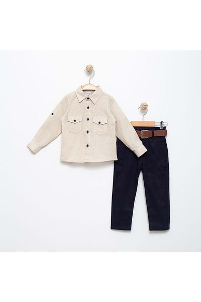 Mnk Baby&Kids Beige Linen Folded Shirt and Gabardine Trousers Set - Mnk6359