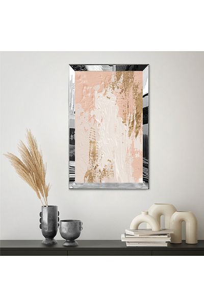Zevahir Mobilya Dekorasyon Masă unică din MDF cu design abstract modern, cu cadru din plexiglas cu oglindă argintie, roz și auriu