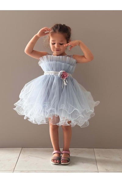 Mnk Baby&Kids Kız Çocuk Tütülü Vena Elbise MNK285 MAVİ