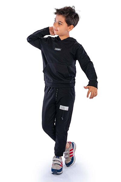 Minikadam Παιδική φόρμα καγκουρό με κουκούλα - MNK10071 Μαύρη