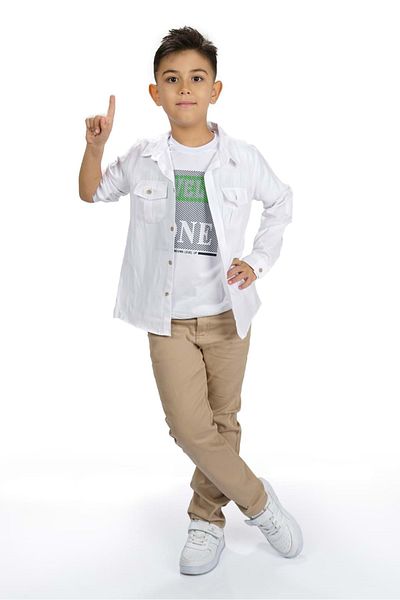 Mnk Baby&Kids قميص وبنطلون وتيشيرت بدلة ولادي 3 قطع Mnk1754 أبيض - بيج