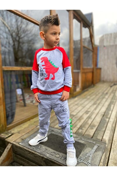 Mnk Baby&Kids Детски анцуг с мотив динозавър, двоен плат, MNK0564 ЧЕРВЕН