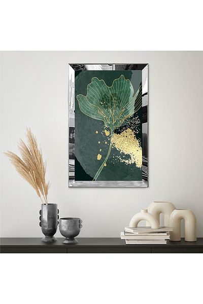 Zevahir Mobilya Dekorasyon Pictură unică MDF cu flori abstracte de culoare aurie și verde cu cadru din plexiglas cu oglindă argintie