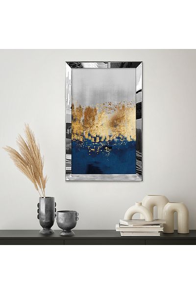 Zevahir Mobilya Dekorasyon Masa din MDF cu un singur cadru din plexiglas cu oglinda argintie, albastru, auriu si gri, cu textura abstracta