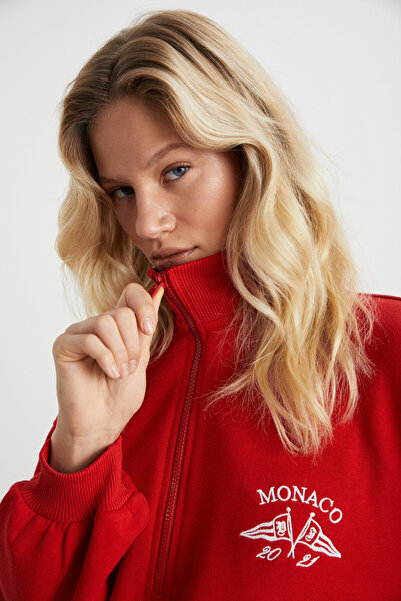 ETHIQUET MEYBELINA Kadın Organik Pamuklu Kemik fermuarlı Dik Yaka Yazılı Baskılı Kırmızı Sweatshirt