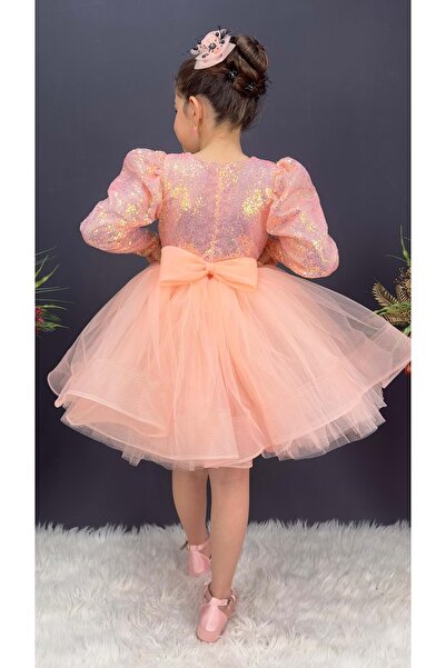 Mnk Baby&Kids Tütü Gren Etekli Kız Çocuk Pul Payetli Uzun Kol Kikidi Elbise MNK0583 SOMON