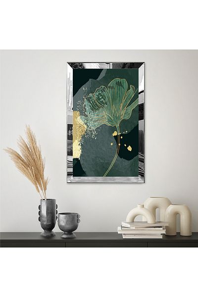 Zevahir Mobilya Dekorasyon Pictură unică MDF cu flori abstracte verzi cu dungi aurii cu cadru din plexiglas cu oglindă argintie