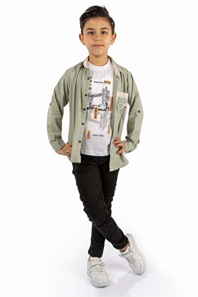 Mnk Baby&Kids Double Pocket Shirt, Trousers, T-Shirt 3 Pieces Cotton Boy Set MNK965 KHAKI