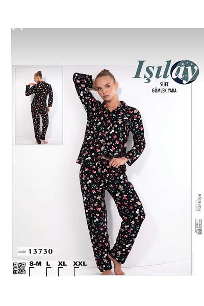 GLİSA IŞILAY Işılay Set de pijamale de iarnă cu guler de cămașă cu nasturi din piele intoarsa Concept de Anul Nou