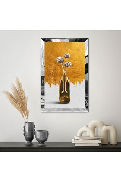 Zevahir Mobilya Dekorasyon Masa MDF cu un singur flori de culoare aurie cu rama din plexiglas cu oglinda argintie