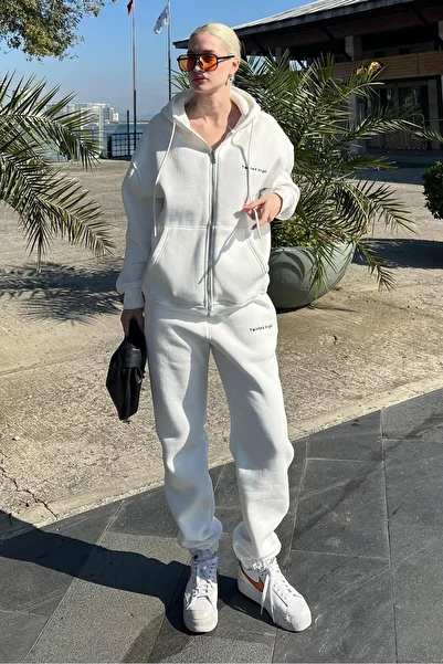 Madmext Ecru Hooded Zippered Tracksuit Set Mg2227