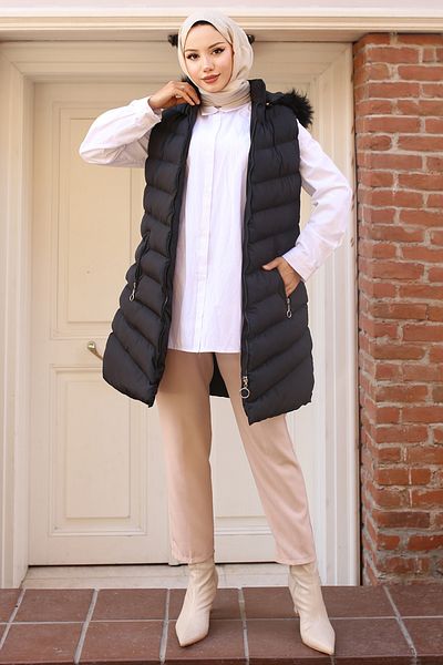 benguen Black 7030 Model Hooded Fur Puffer Vest
