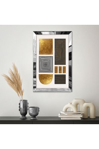 Zevahir Mobilya Dekorasyon Masă unică din MDF cu design bloc geometric cu linii cu cadru din plexiglas cu oglindă argintie