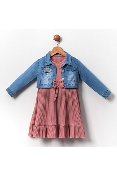 Mnk Baby&Kids Παιδικό φόρεμα για κορίτσια με τζιν μπουφάν MNK2119 DRY ROSE
